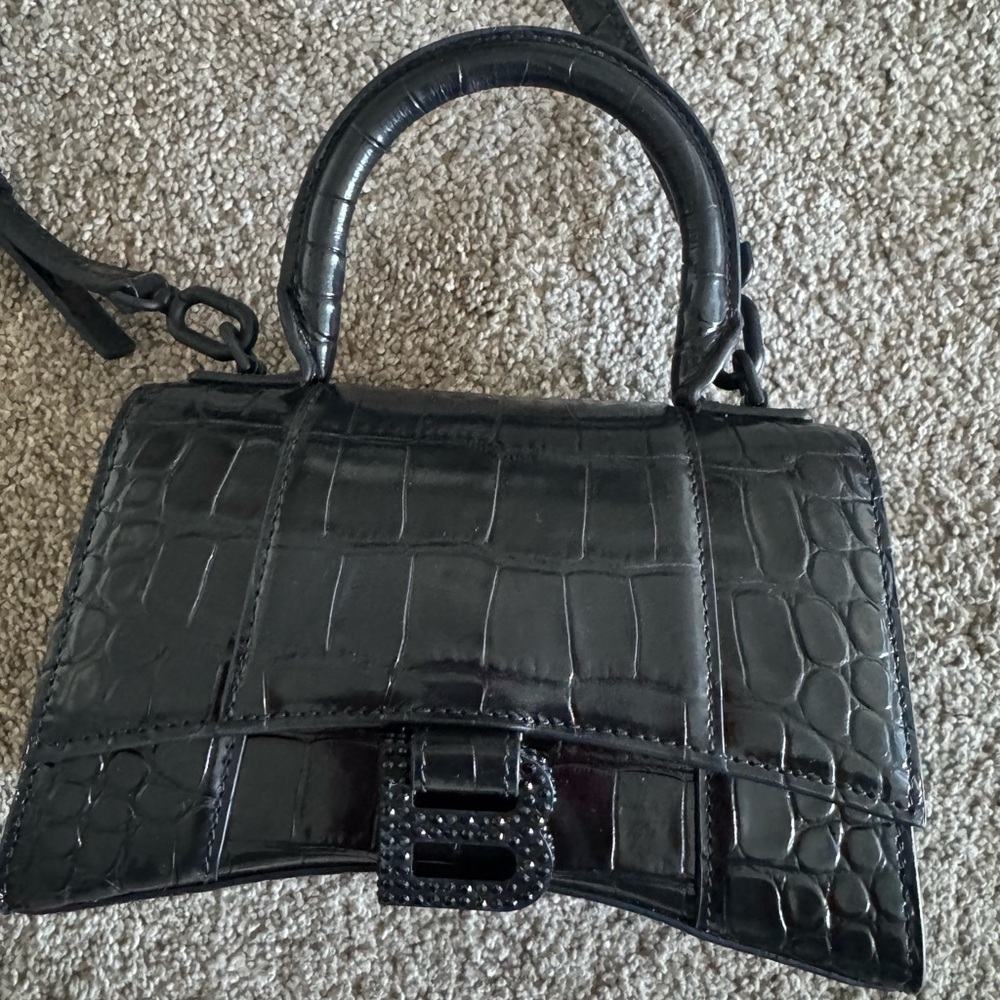 Balenciaga Mini hourglass Shiny Crystal Logo Croc Embossed Calfskin Bag Like new - Picture 1 of 8